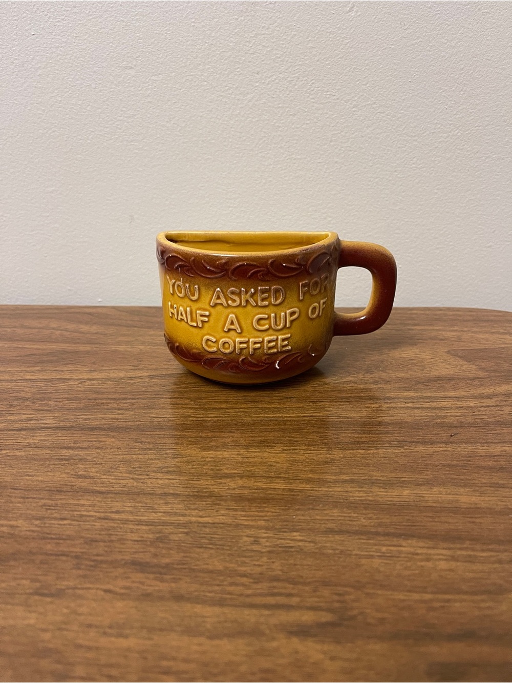 Vintage Half Cup Brown and Yellow Ceramic Coffee Mug - Embossed Text